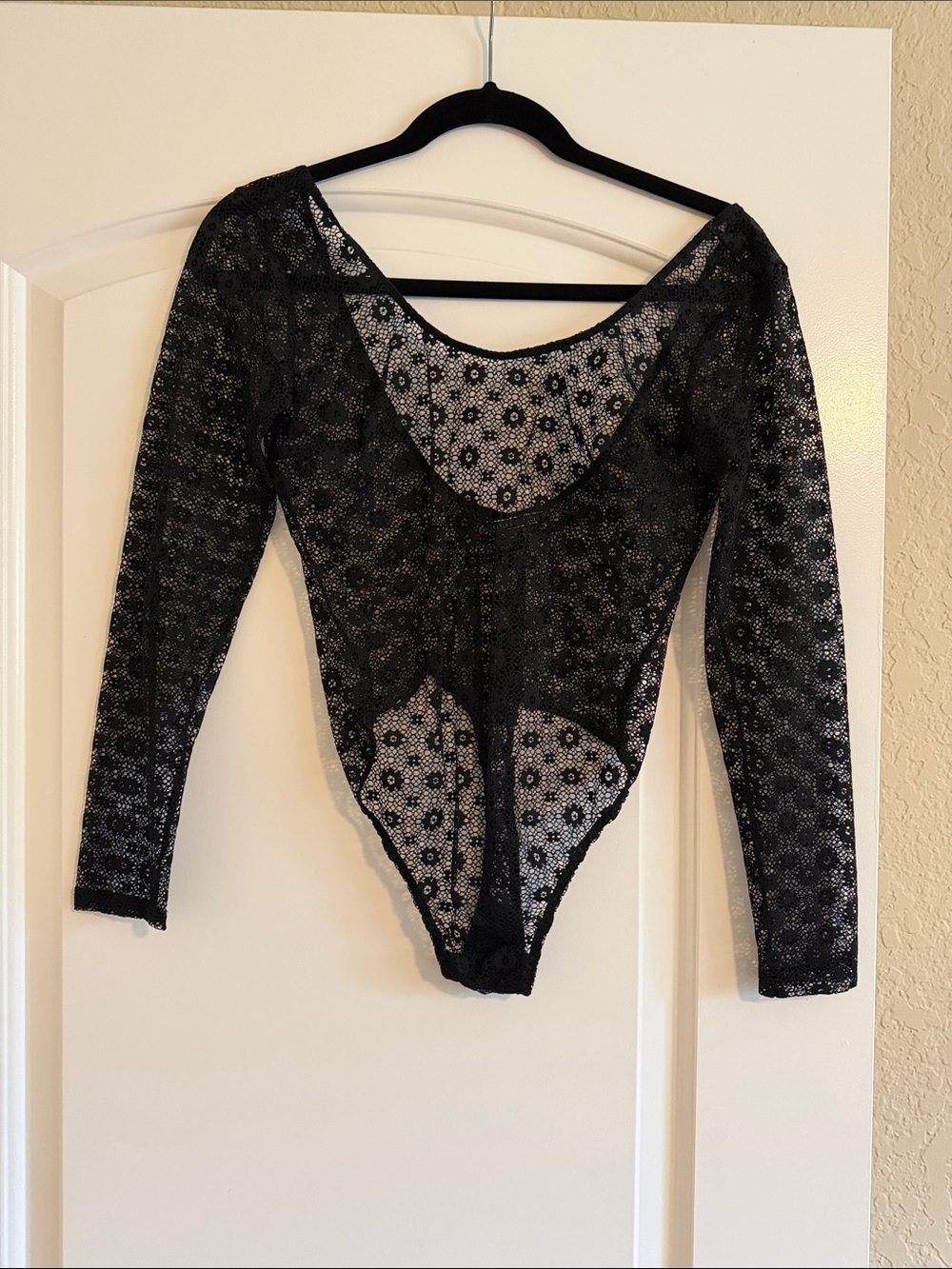 Victoria's Secret Black Floral Lace Long-Sleeve Bodysuit